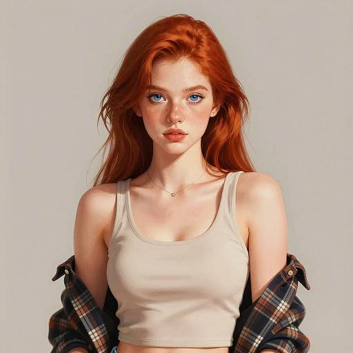 Portrait of Young Red-Haired Woman with Blue Eyes in Casual Outfit