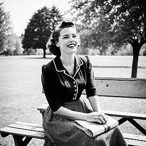 Cheerful Woman in Vintage 1940s Attire on Park Bench
