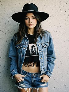 Trendy Young Woman in Denim Jacket and Wide-Brimmed Hat Casual Style