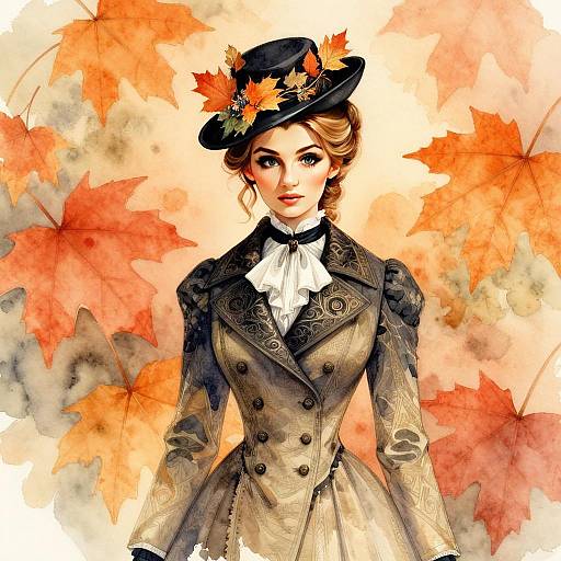 Elegant Vintage Autumn Woman Illustration with Maple Leaves
