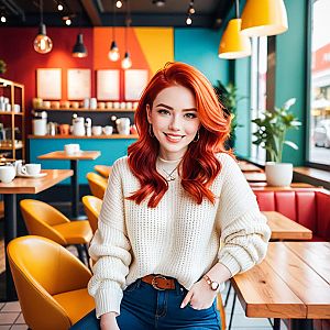 Confident woman with red hair in cozy café