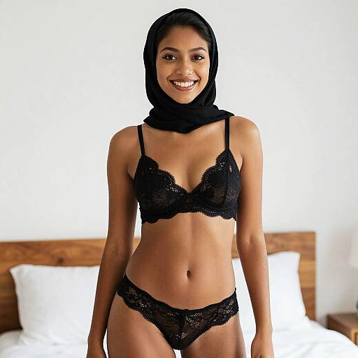 Young Woman in Black Hijab and Lace Lingerie Smiling in Bedroom