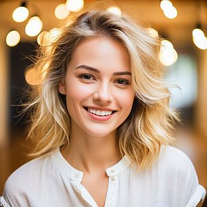 Cheerful Young Woman in White Blouse with Bokeh Background