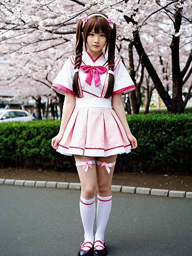 Muramatsu Sakura Japanese Schoolgirl Cosplay Under Cherry Blossoms