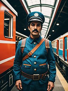 Man in Thomas Train Conductor Costume Waist-Up Cosplay in Train Station