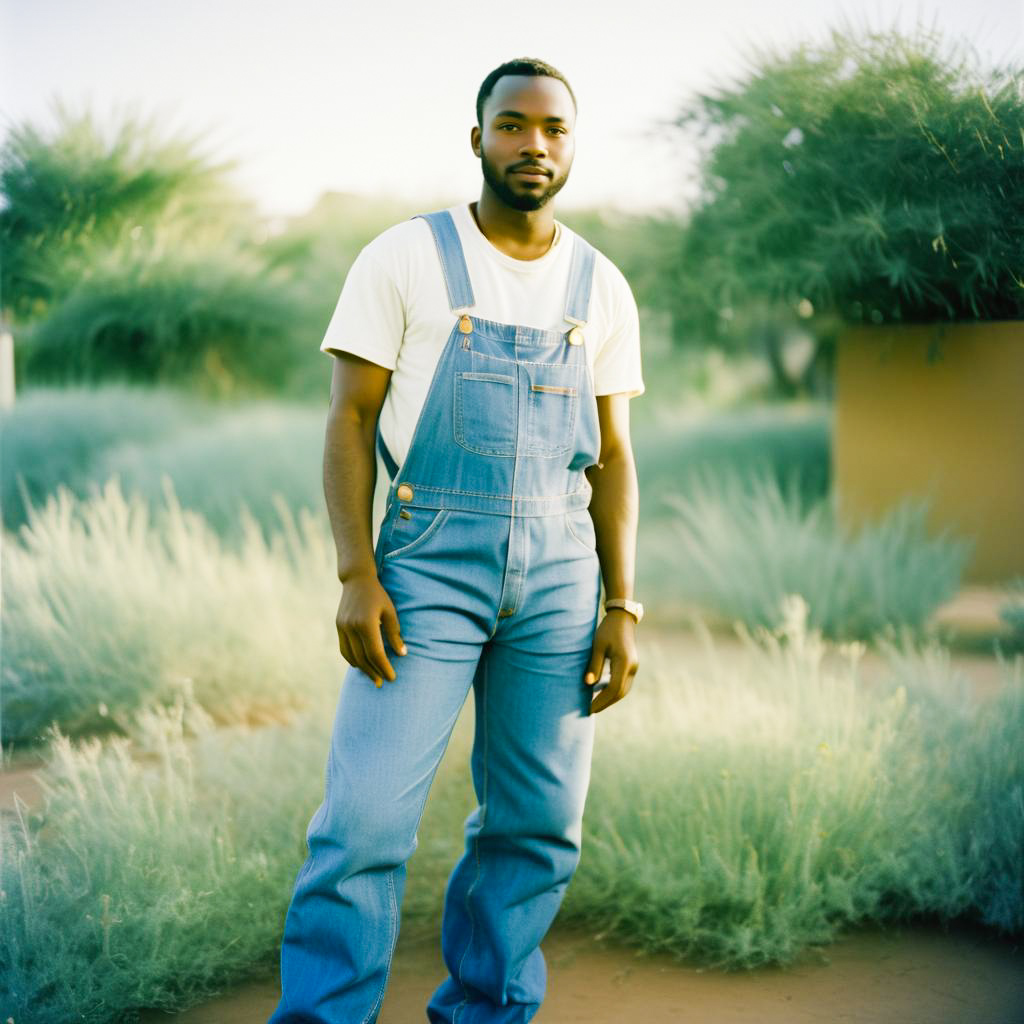 Confident man in denim overalls amidst lush greenery