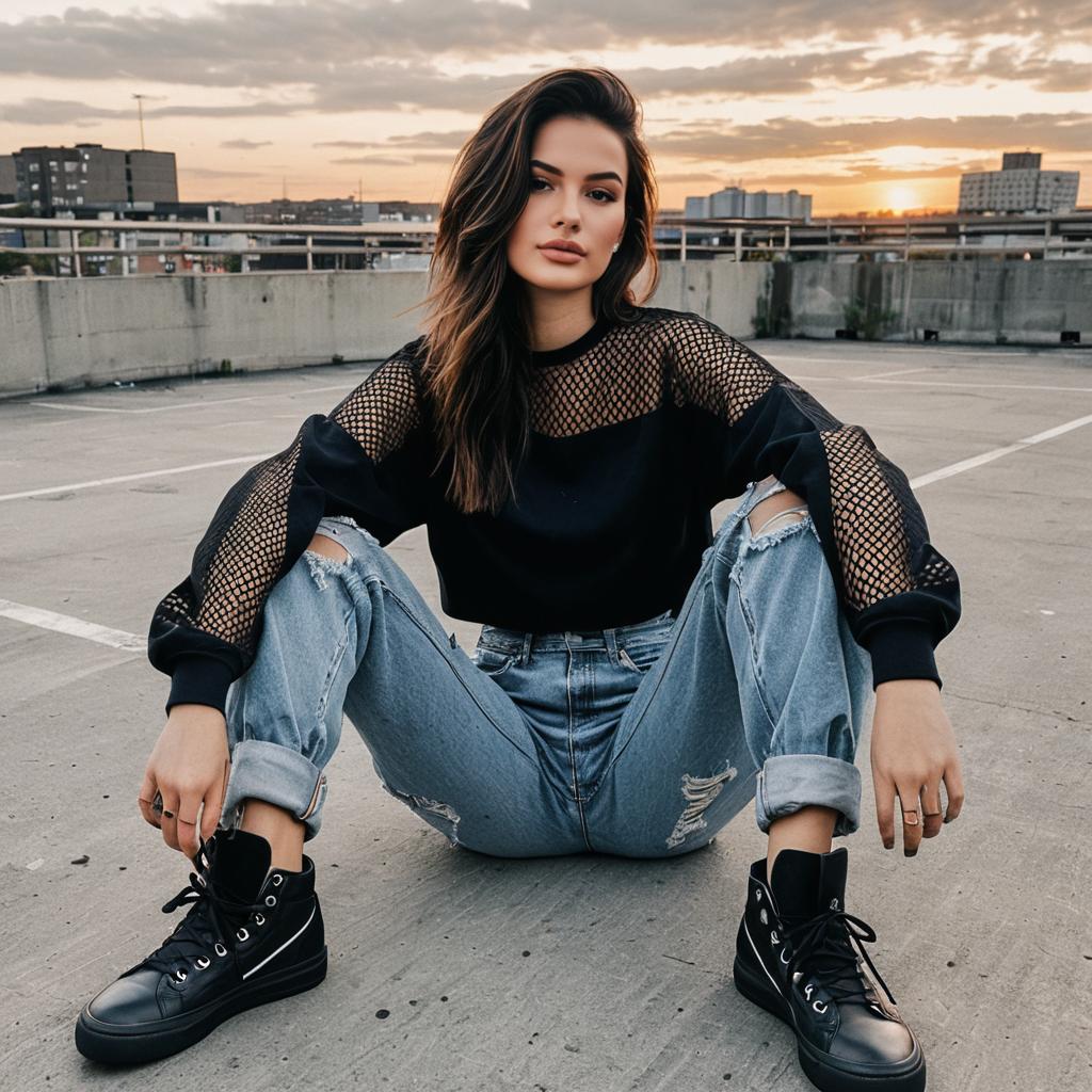 Young Woman in Mesh Sleeve Sweatshirt Sitting on Urban Rooftop at Sunset