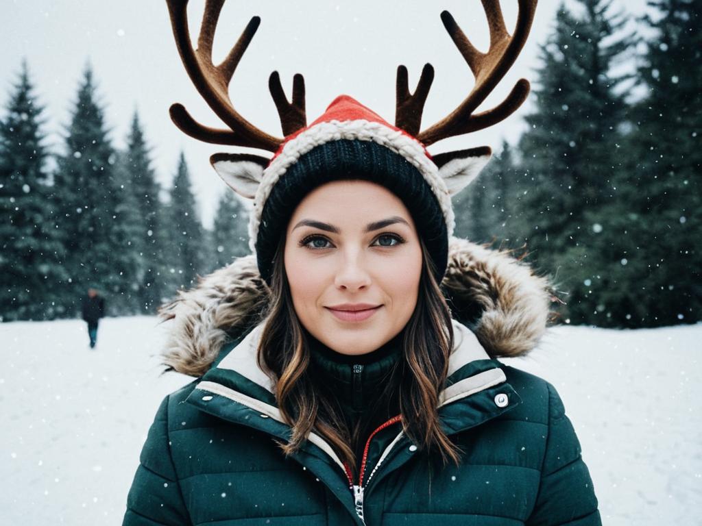 Woman Wearing Reindeer Hat and Winter Jacket in Snowy Forest