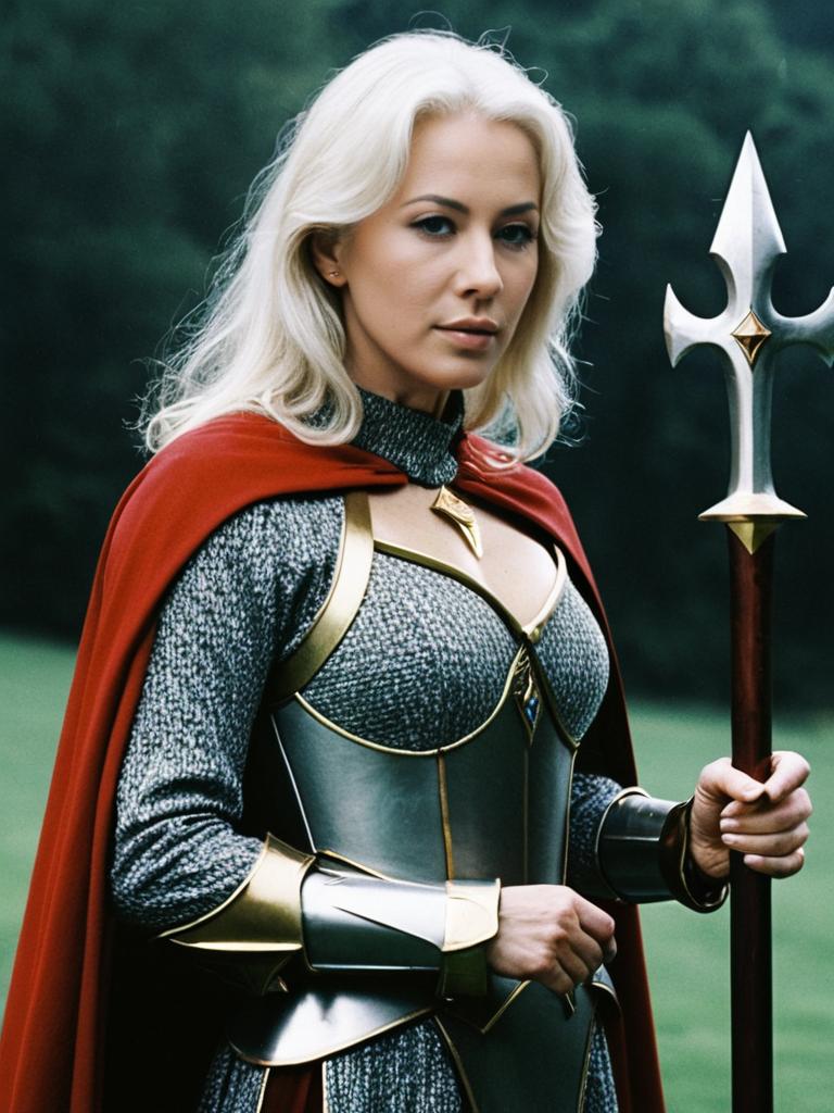 Woman in Excalibur Costume with Medieval Armor and Red Cape