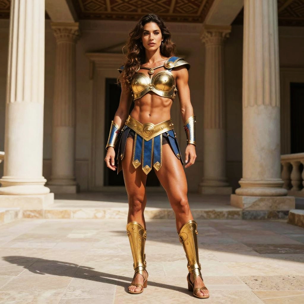 Woman in Gold Warrior Armor Costume with Blue Accents in Classical Setting