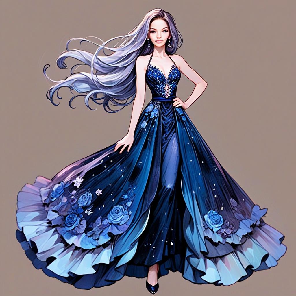 Stylized woman in blue gown with silver hair