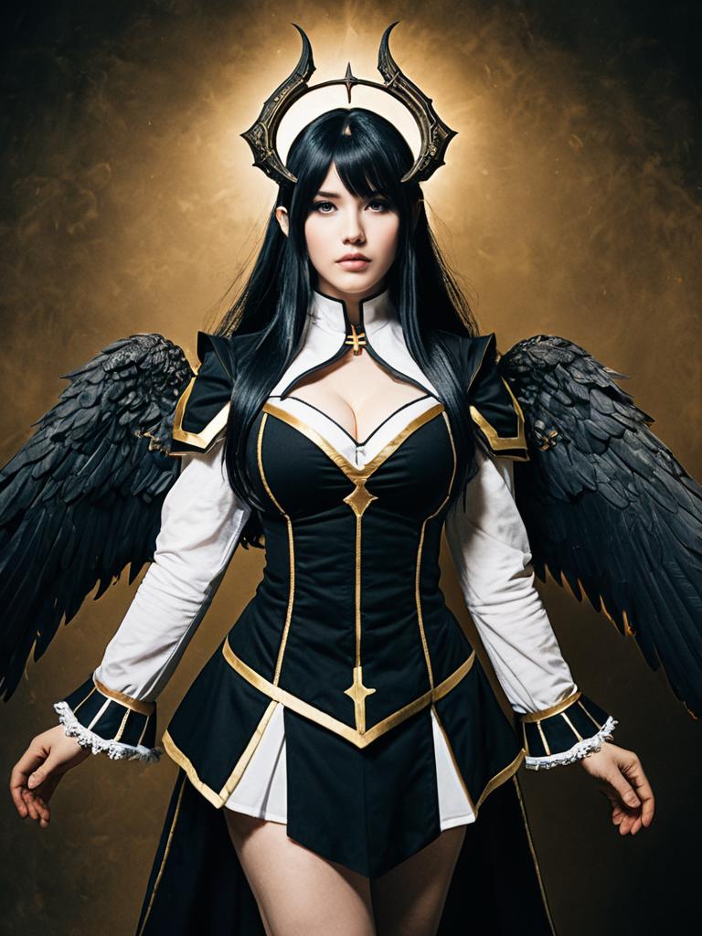 Realistic Photo of Man Cosplaying Albedo with Black Wings and Horned Headpiece