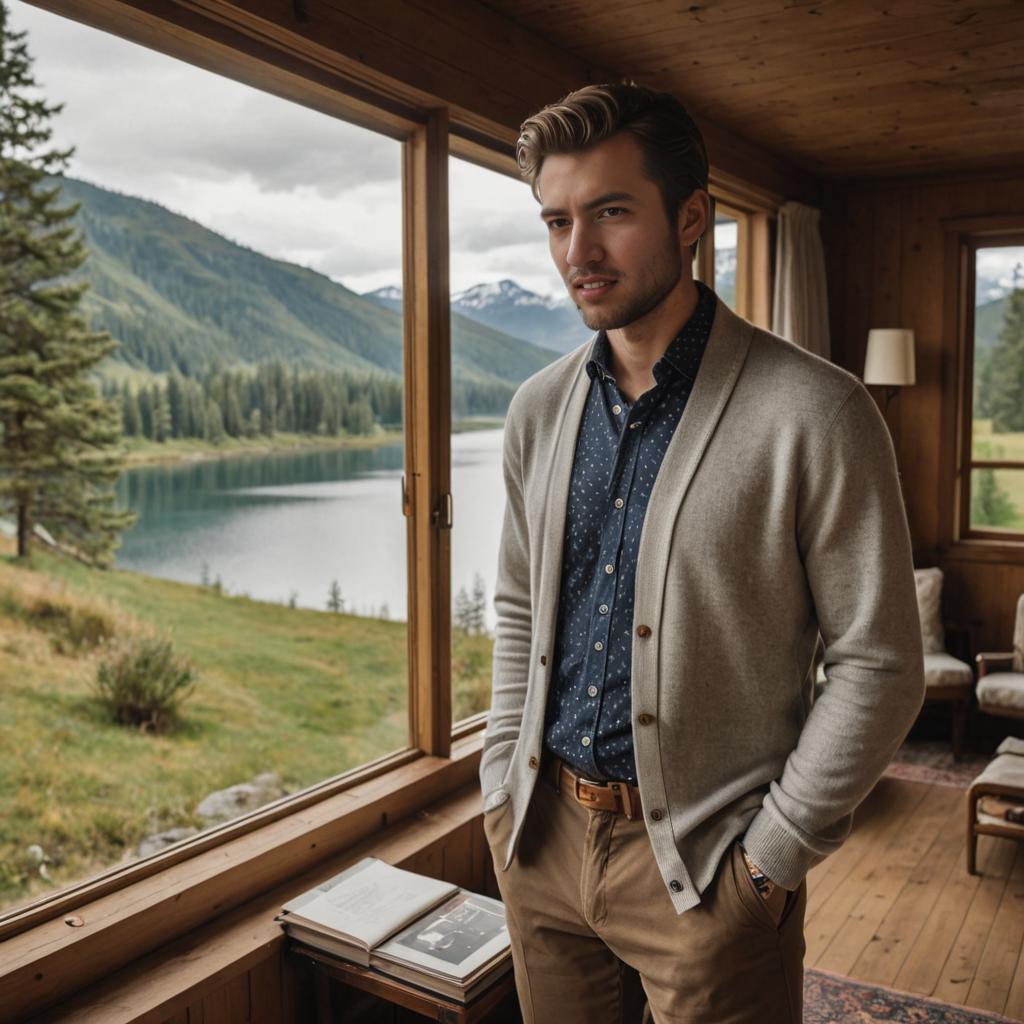 Stylish Man in Cozy Cabin by Serene Lake