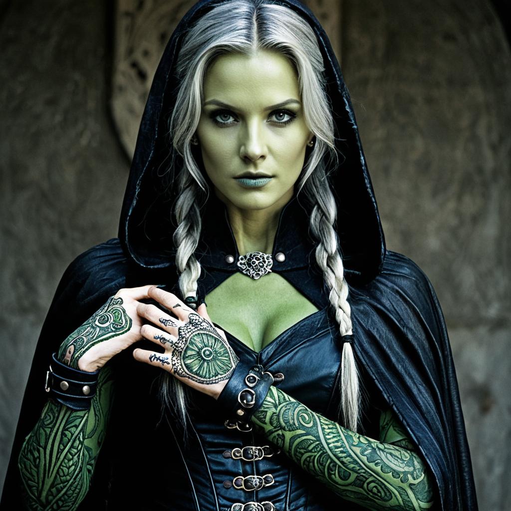 Gothic Woman with Green Skin and Intricate Tattoos in Leather Corset