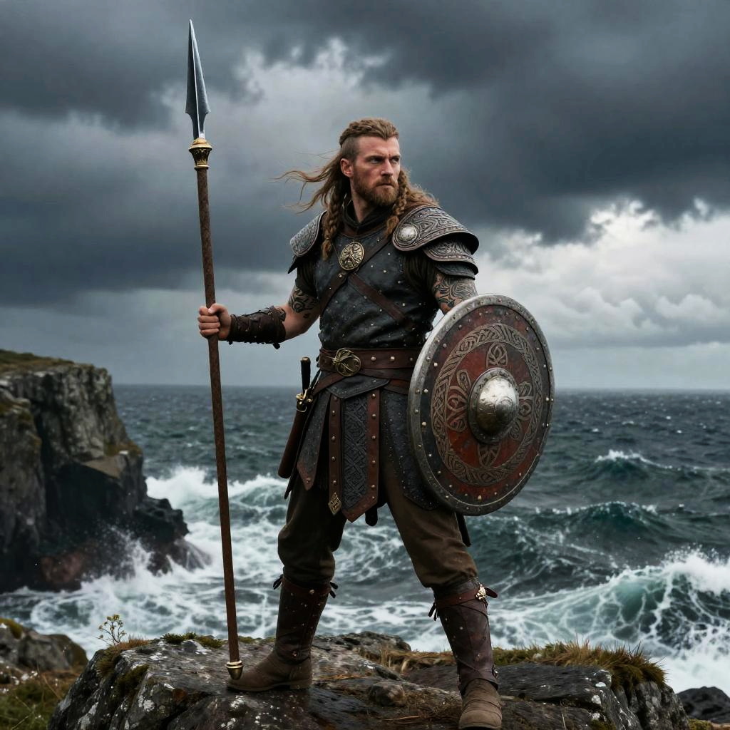 Viking Warrior with Shield and Spear on Rocky Cliff by Stormy Sea