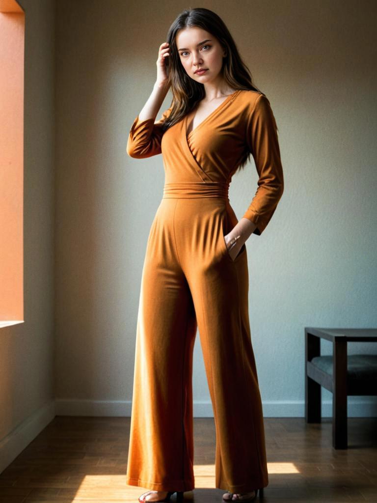 Confident Woman in Rust Jumpsuit - Vintage Aesthetic