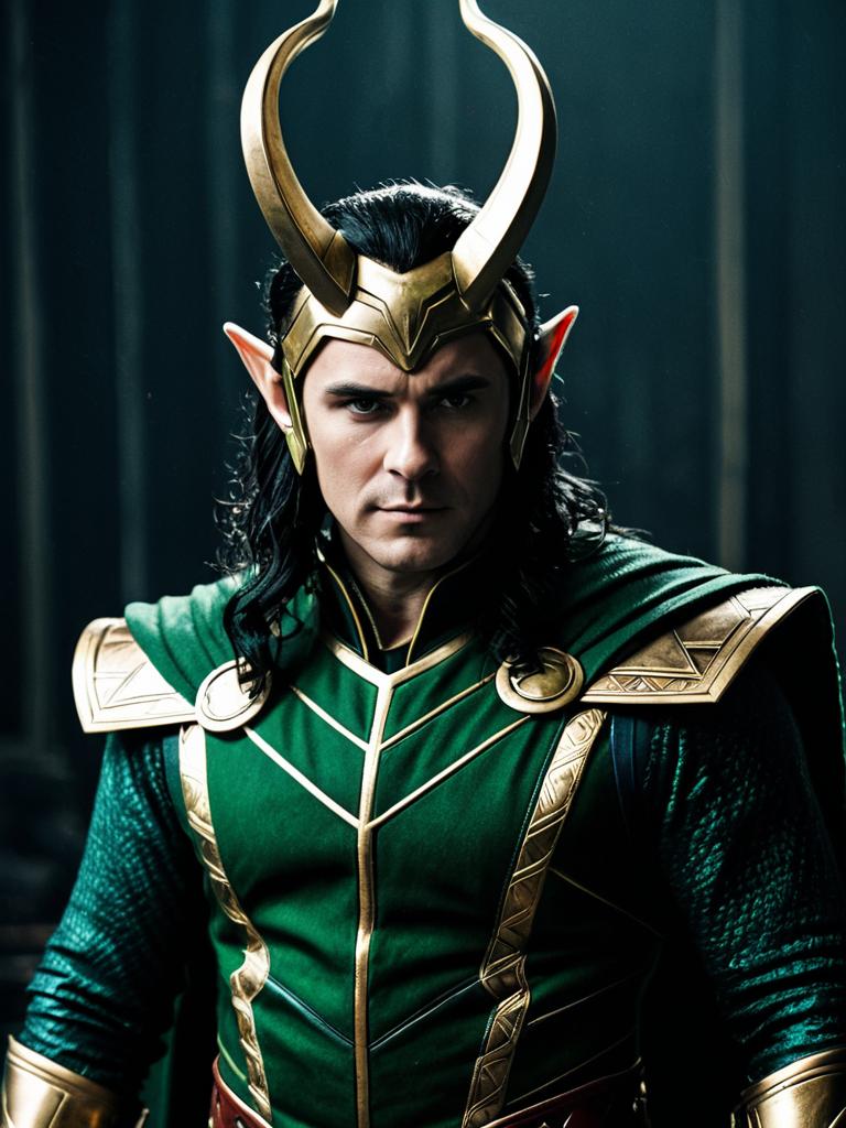 Man in Classic Loki Costume with Cinematic Realism and Dramatic Lighting