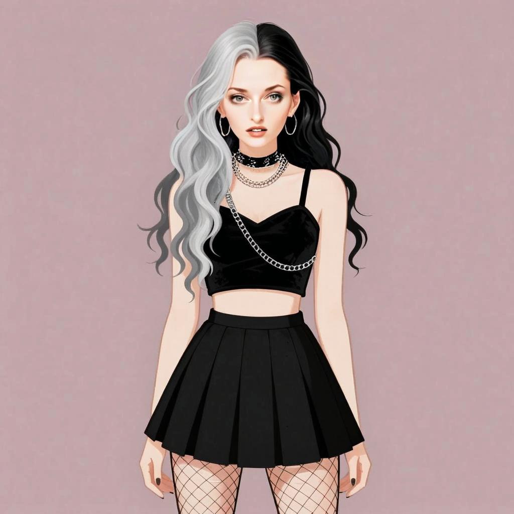 Stylish Young Woman with Half Black Half White Hair in Edgy Alternative Fashion Illustration