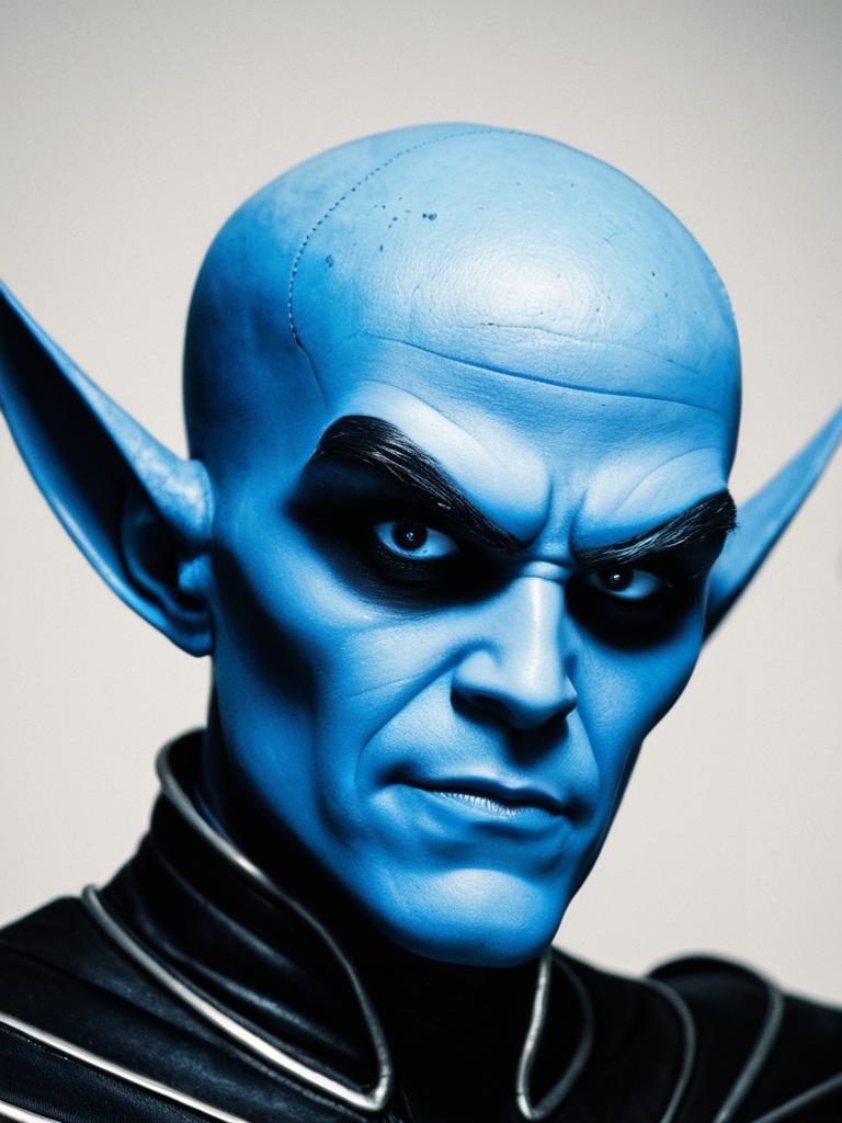Man in Detailed Megamind Costume with Blue Skin Close-Up Headshot