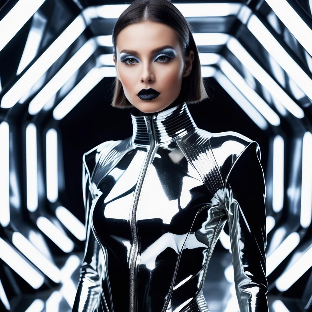 Futuristic Woman in Metallic Outfit with Geometric Lights