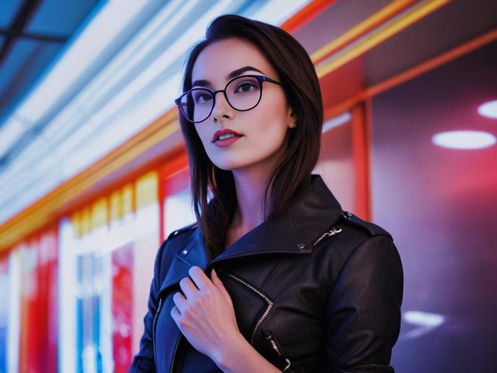 Artistic Portrait of Confident Woman in Neon Environment