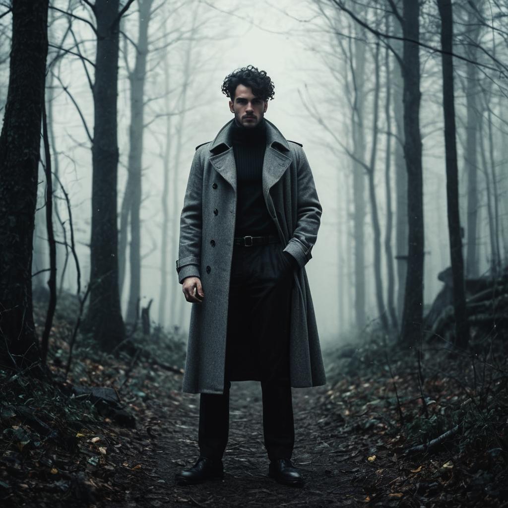 Man in Gray Overcoat on Misty Forest Path