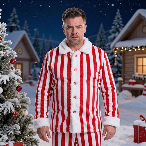 Man in Candy Cane Stripe Pajamas in Snowy Christmas Setting