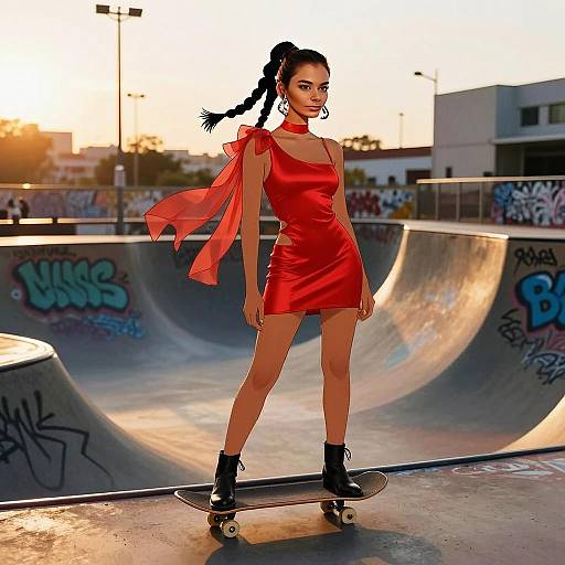 Trendy Woman in Red Satin Dress Skateboarding at Urban Skatepark