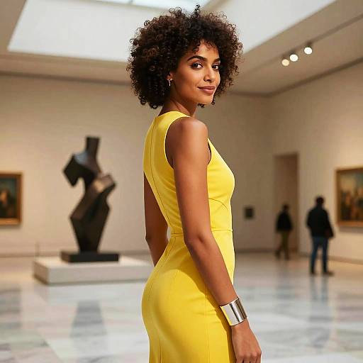Confident Woman in Yellow Dress at Modern Art Gallery