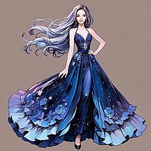 Stylized woman in blue gown with silver hair