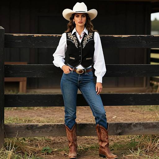 Woman in Classic Western Outfit with Cowboy Hat and Boots