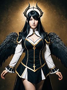 Realistic Photo of Man Cosplaying Albedo with Black Wings and Horned Headpiece