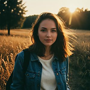 Young Woman in Denim Jacket Standing in Sunset Field