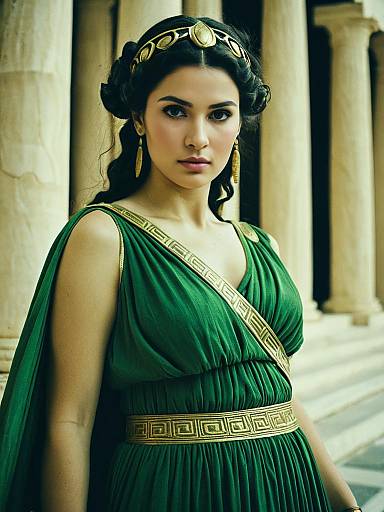 Woman in Green Greek Goddess Costume Waist Up Editorial Portrait
