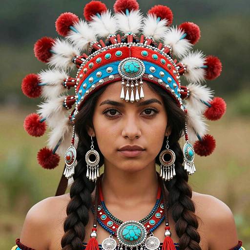 Woman Wearing Traditional Tribal Headdress with Red, White, and Turquoise Details