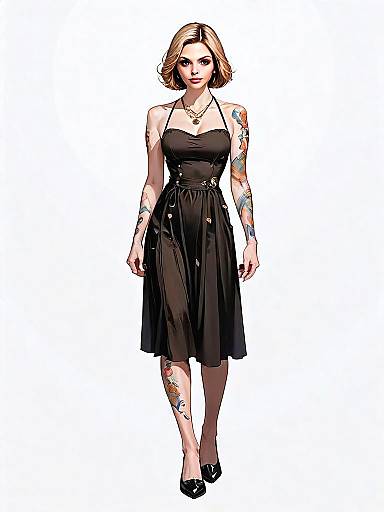 Realistic Comic Style Full Body Portrait of Woman in Black Dress with Tattoos