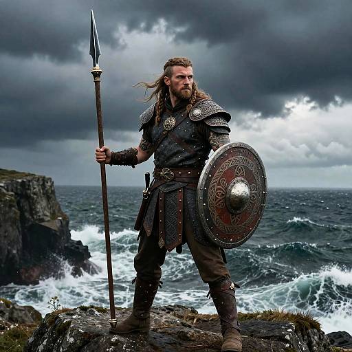 Viking Warrior with Shield and Spear on Rocky Cliff by Stormy Sea