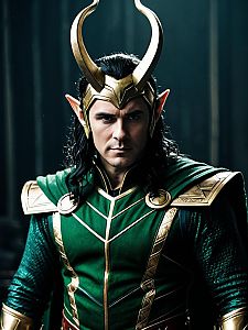 Man in Classic Loki Costume with Cinematic Realism and Dramatic Lighting