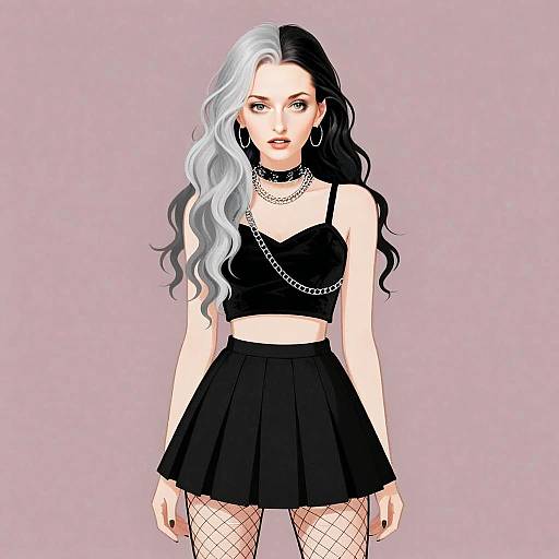 Stylish Young Woman with Half Black Half White Hair in Edgy Alternative Fashion Illustration
