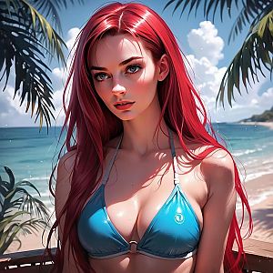 Woman with Red Hair on Tropical Beach