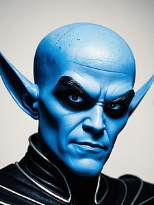 Man in Detailed Megamind Costume with Blue Skin Close-Up Headshot