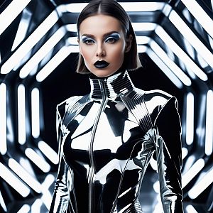 Futuristic Woman in Metallic Outfit with Geometric Lights