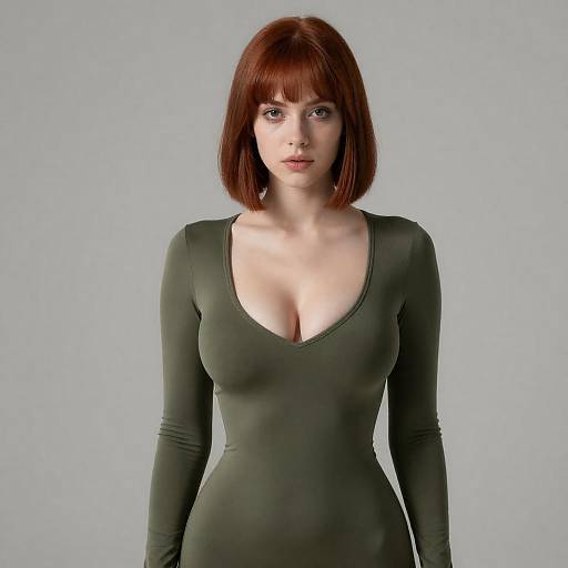 Young Woman in Olive Green Fitted Top with Red Bob Haircut