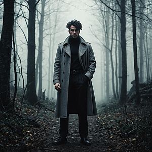 Man in Gray Overcoat on Misty Forest Path