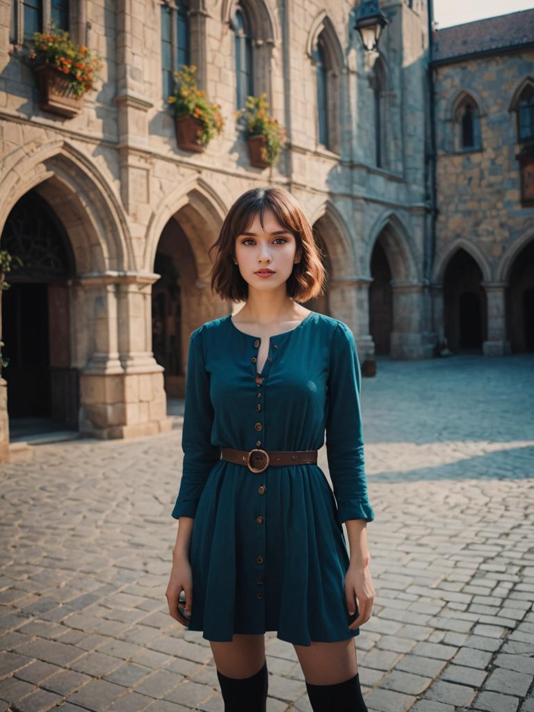 Young Woman in Teal Dress Against Historical Building