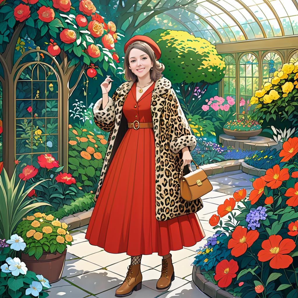 Anime Woman in Red Outfit with Leopard Coat in Greenhouse