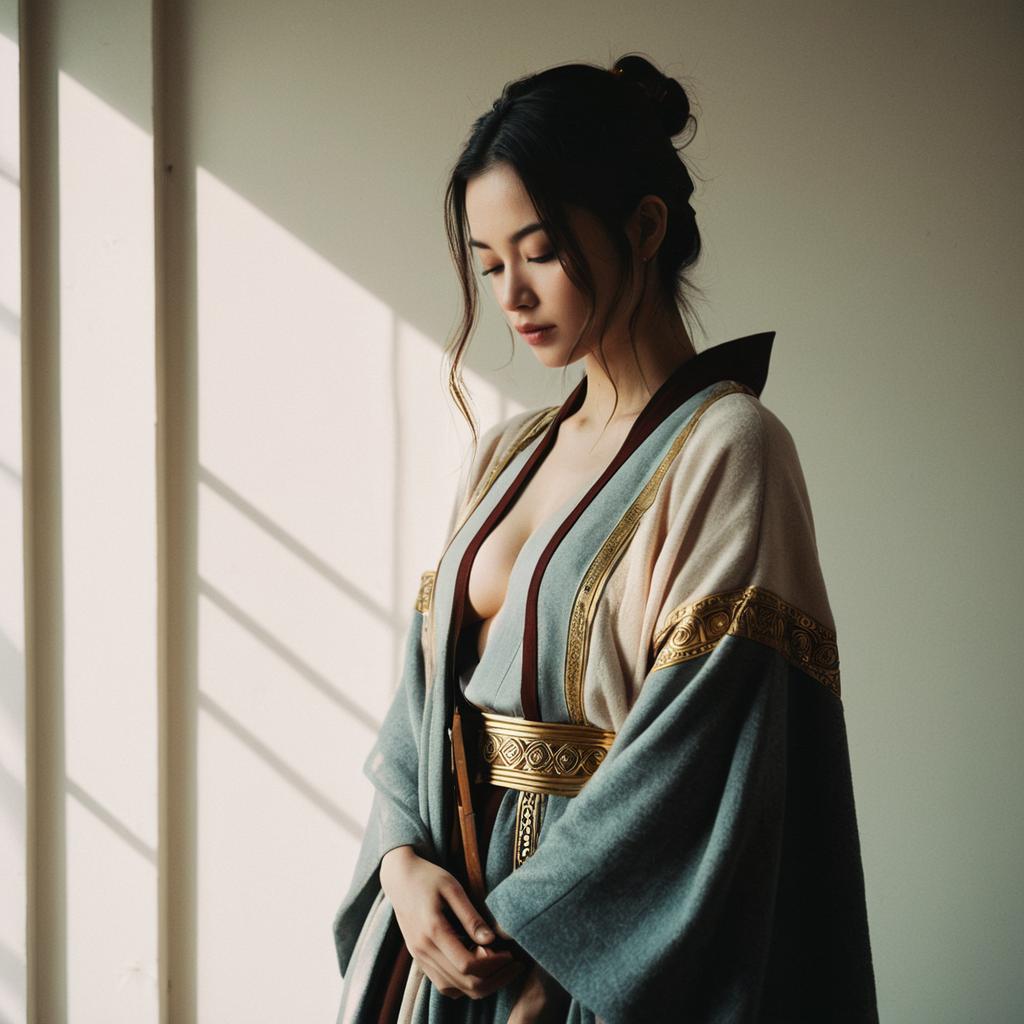 Elegant Woman in Traditional Robe with Gold Details Standing in Soft Natural Light