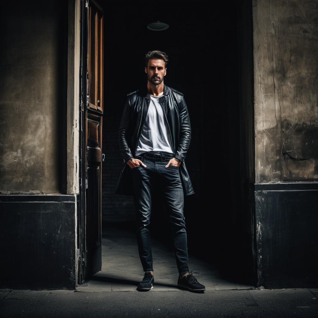 Confident man in leather jacket in urban doorway Confident man in leather jacket in urban doorway