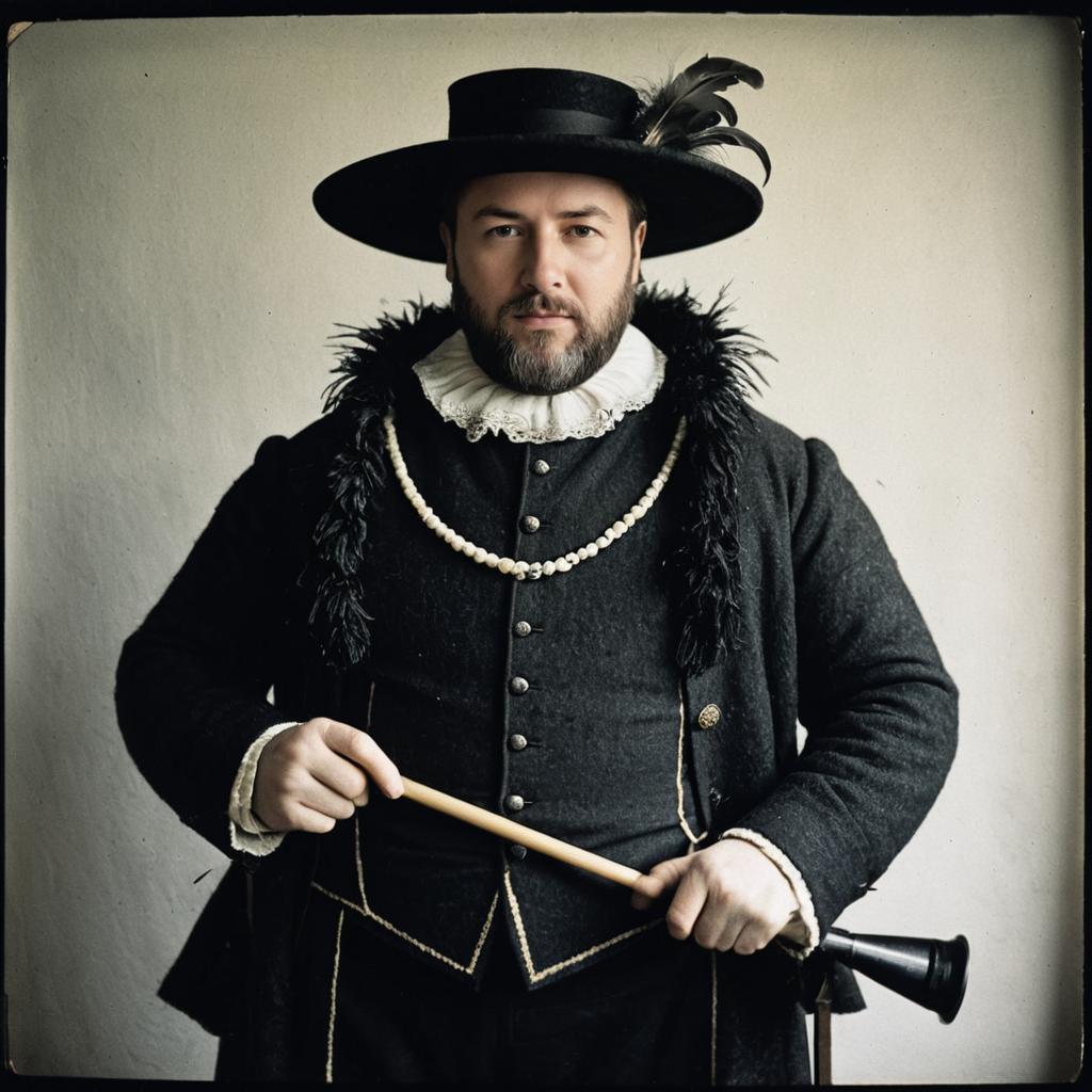 Renaissance Style Portrait of Man in Historical Costume with Feathered Hat and Cane