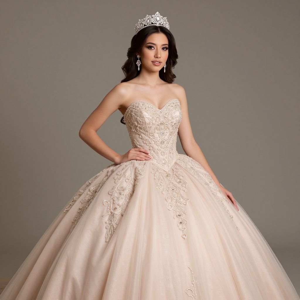 Elegant Woman in Embroidered Strapless Ball Gown with Tiara